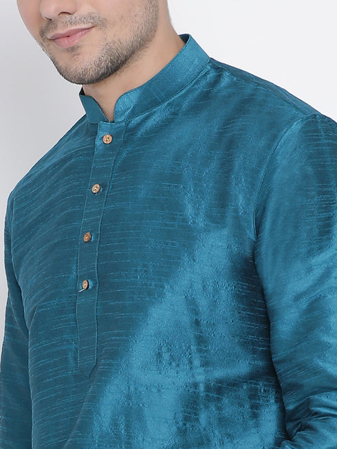 Vastramay Vastramay Men's Turquoise Silk Blend Curved Kurta Dhoti Set